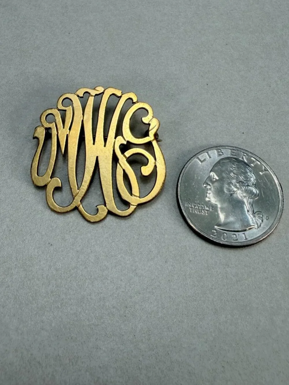 Vintage 1/20 12K Gold Filled Monogram Brooch Script Initial Pin Estate Jewelry